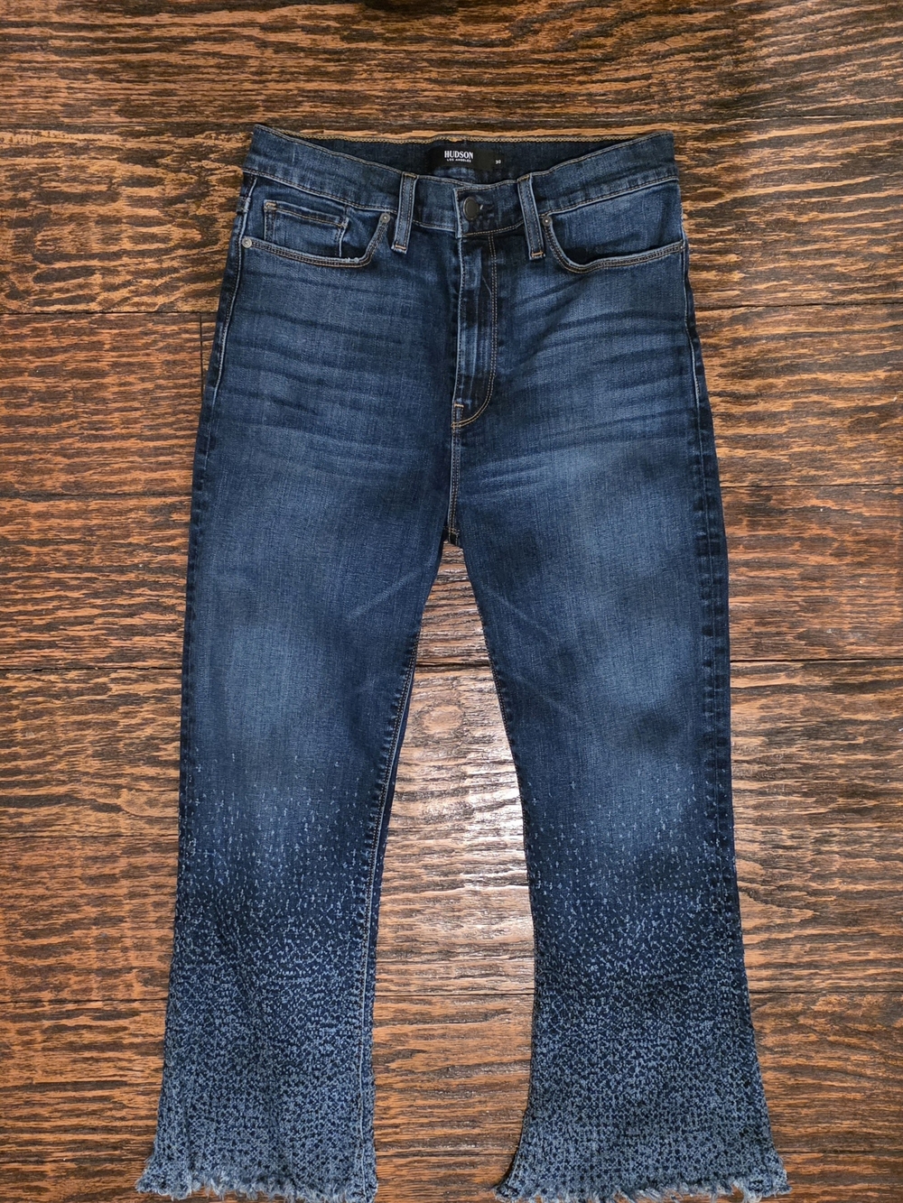 Hudson Jeans Size 30 Dark Wash Cropped Flare Raw Hem Speckled Frayed Hem Stretch